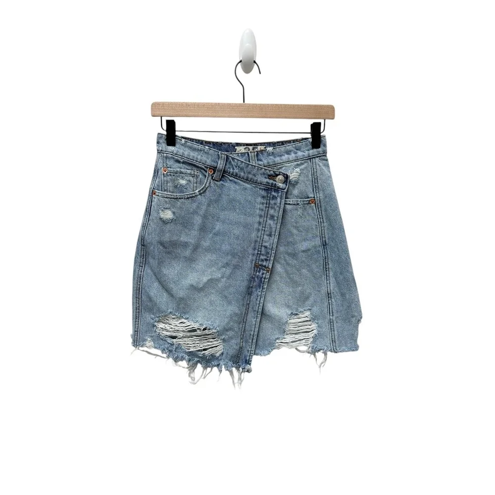 Free People Parker Denim Wrap‎ Mini Skirt Distressed Women's Size 25